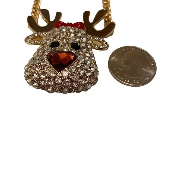 Betsey Johnson Pave Crystal Reindeer Pendant Necklace on Gold Toned Chain.
